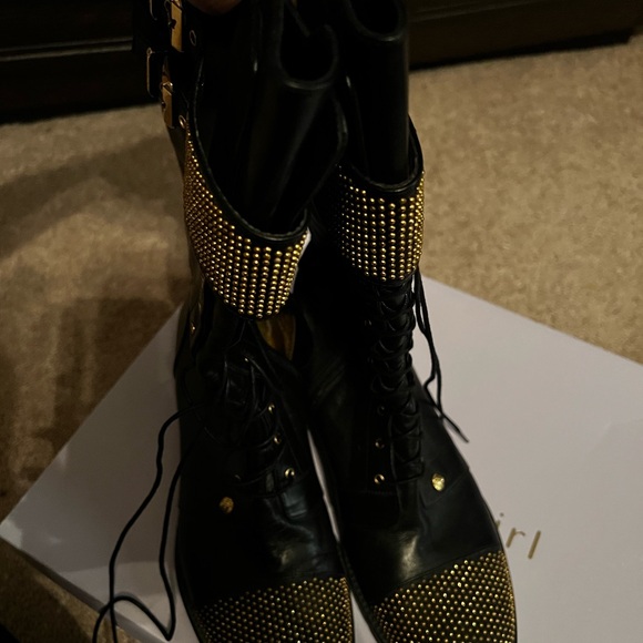 Versace Black and Gold Studded Combat Boots - Picture 2 of 4